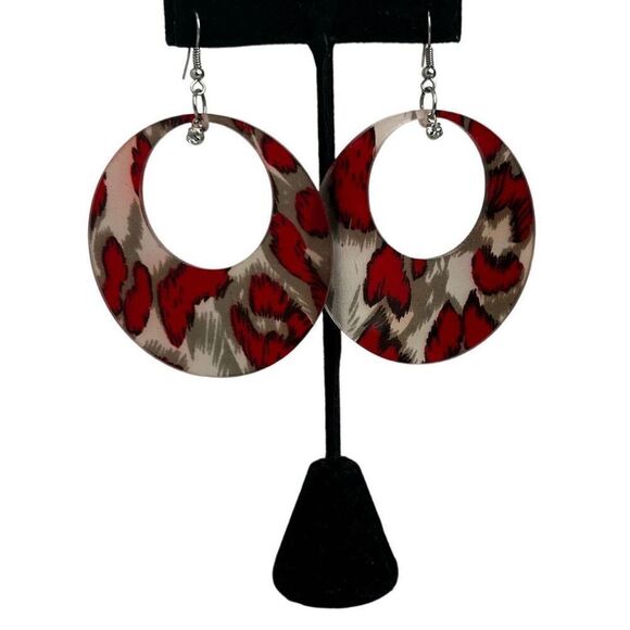 Vtg Dangle Earrings Women's 3 1/4" Red Gray Circle Acrylic Animal Print Pierced - Picture 5 of 7